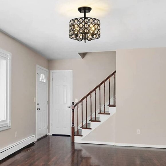 Modern Semi Flush Mount Light Fixture | Black Crystal Drum Shade - Picture 8 of 8